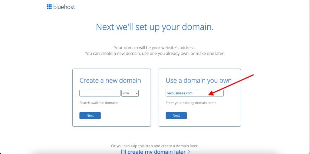 screenshot showing where to add domain name on bluehost to start a wordpress blog