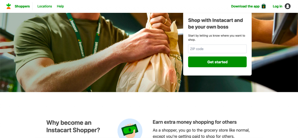 screenshot of instacart homepage showing how to sign up to become a shopper