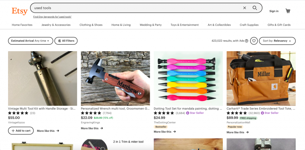 Etsy used tools feed illustrating Etsy as one of the best ways to sell used tools